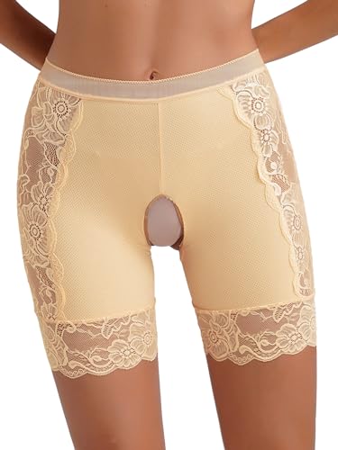 Kaerm Damen Unter Rock Hosen Kurz Mit Spitze Offener Schritt Unterhose Radlerhose Stretch Leggings Hot Pants Blumenmuster Unterwäsche Reizwäsche Nackt XL von Kaerm