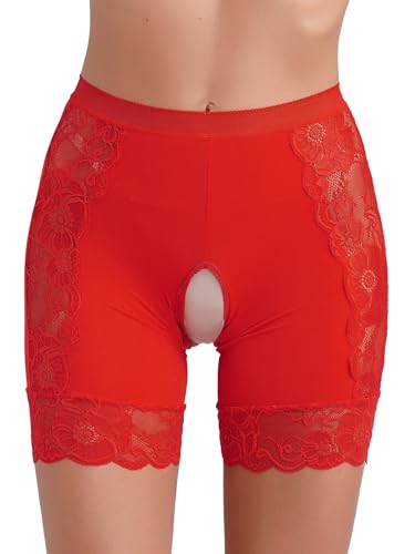 Kaerm Damen Unter Rock Hosen Kurz Mit Spitze Offener Schritt Unterhose Radlerhose Stretch Leggings Hot Pants Blumenmuster Unterwäsche Reizwäsche Rot XL von Kaerm