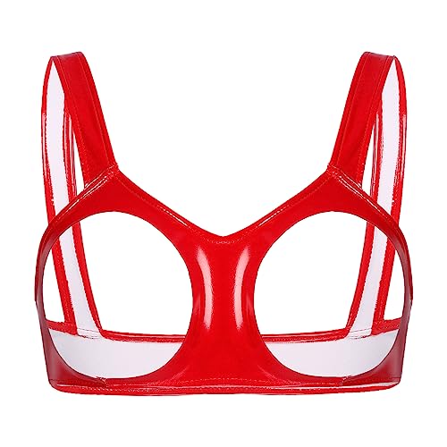 Kaerm Damen Wetlook Leder Ouvert BH Offene Brüste Cups Neckholder Bikini Oberteil Kurz Bauchfrei Metallic Glitzer Straps Bra Strappy Bralette Reizwäsche Rot 3XL von Kaerm