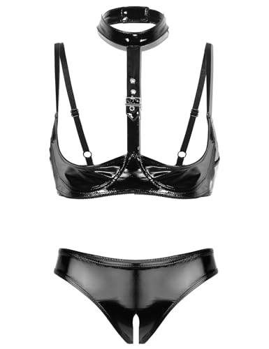 Kaerm Damen Wetlook Ouvert Dessous Set Lack Leder Hebe BH Offene Brüste Cups Push Up High Cut Thong Bikini Hose String Sexy Offen Reizwäsche Schwarz B 4XL von Kaerm