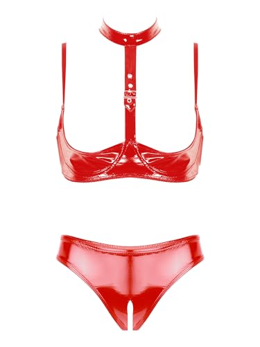 Kaerm Damen Wetlook Ouvert Dessous Set Lack Leder Hebe BH Offene Brüste Cups Push Up High Cut Thong Bikini Hose String Sexy Offen Reizwäsche A Rot 4XL von Kaerm