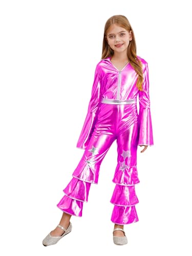 Kaerm Disco Outfit Kinder Mädchen 70er 80er Jahre Kostüm Metallic Overall Tromptenärmel Jumpsuit Ganzkörper Body Mit Gestufte Hose Tanzkostüm Hot Pink 170 von Kaerm