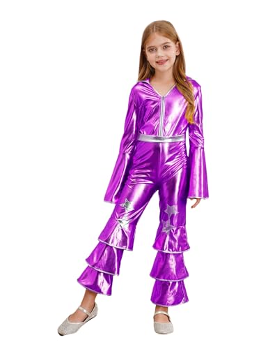 Kaerm Disco Outfit Kinder Mädchen 70er 80er Jahre Kostüm Metallic Overall Tromptenärmel Jumpsuit Ganzkörper Body Mit Gestufte Hose Tanzkostüm Violett 158-164 von Kaerm