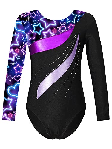 Kaerm Einhörner Ballettanzug Kinder Mädchen Langarm Metallic Glitzer Body Bodysuit Kurz Tanzbody Patchwork Balletttrikot Gymnastikanzug Sportlich Gr. 110-164 Starry Sky Schwarz F 122-128 von Kaerm