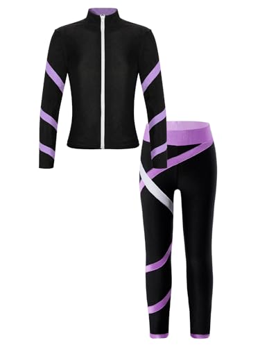 Kaerm Eiskunstlauf Kleidung Training Kinder Mädchen Langarm Sweatjacke Strass Glitzer Sportjacke Mit Gymnastikhose Lang Trainingshose Sportswear Helles Lila 146-152 von Kaerm