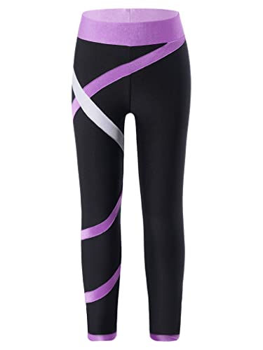 Kaerm Eislaufhose Kinder Mädchen Lang High Waist Gymnastikhose Eiskunstlauf Hose Leggings Stretch Patchwork Strumpfhose Für Ballett Tanz Gymnastik Turnen Violett 122-128 von Kaerm