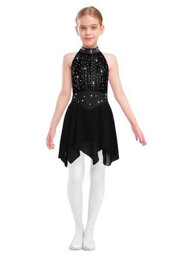 Kaerm Eislaufkleid Mädchen Lyrisches Tanzkleid Ärmellos Ballettanzug Mit Rock Strass Glitzer Trainingskleid Latein Standard Kostüm Schwarz 134-140 von Kaerm
