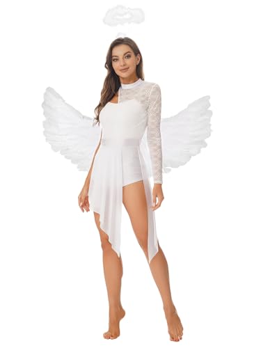 Kaerm Engel Kostüm Damen Kleid Langarm/Ärmellos Tanzkleid Weiß Partykleid Mit Federflügel Und Heiligenschein Stirnband Cosplay Verkleidung Weiß A M von Kaerm