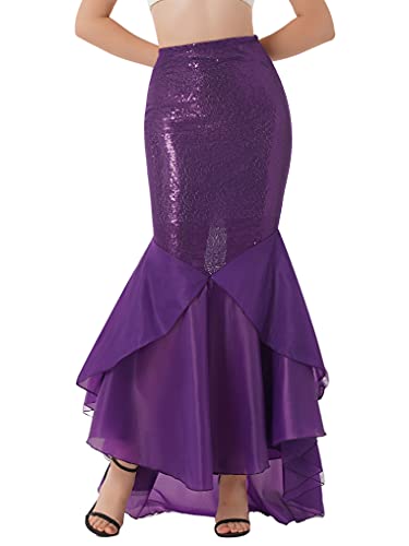 Kaerm Fischschwanz Rock Damen Lang Meerjungfrau Kostüm Pailletten Glitzer Party Abend Rock Figurbetonter Maxirock Für Fasching Karneval Mottoparty Violett 4XL von Kaerm