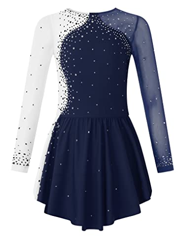 Kaerm Glitzer Eislaufkleid Mädchen Langarm Ballettkleid Mit Strass Farbblock Patchwork Tanzbody Asymetrisch Wickelrock Wettbewerb Tanzkostüm Navy Blau 134-140 von Kaerm