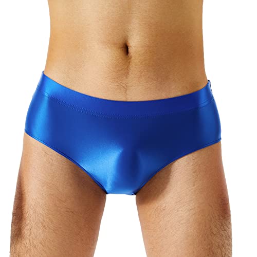 Kaerm Glossy Slip Herren Low Waist Bulge Pouch Unterhose Dessous Nylon Unterwäsche Boxer Briefs Hot Pants Badeshorts Erotisch Nachtwäsche Blau L von Kaerm