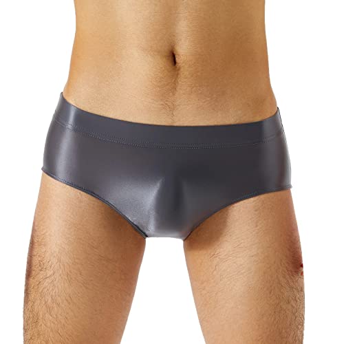 Kaerm Glossy Slip Herren Low Waist Bulge Pouch Unterhose Dessous Nylon Unterwäsche Boxer Briefs Hot Pants Badeshorts Erotisch Nachtwäsche Dunkelgrau XL von Kaerm