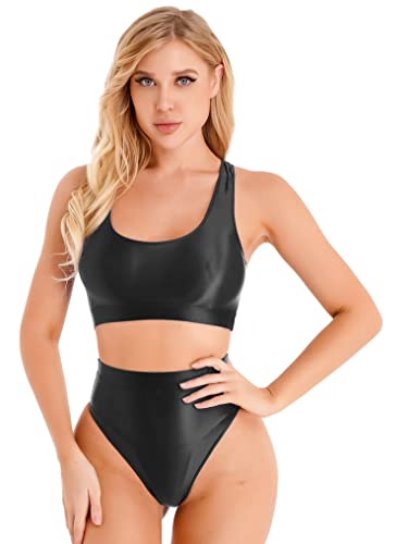 Kaerm Glossy Sport BH Mit Skinny Shorts Damen Sexy Ouvert Dessous Set Sexy Öl Glitzer Unterwäsche BH Und Slip String Erotisch Nachtwäsche Reizwäsche Schwarz XL von Kaerm