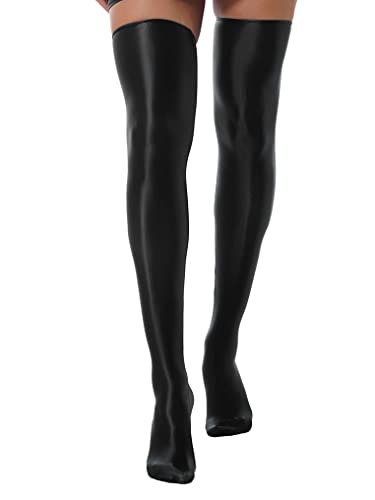 Kaerm Glossy Strümpfe Damen Nylon Halterlos Öl Glanz Kniestrümpfe Overknee Nylonstrümpfe Strumpfhose Sexy Party Clubwear Schwarz Einheitsgröße von Kaerm