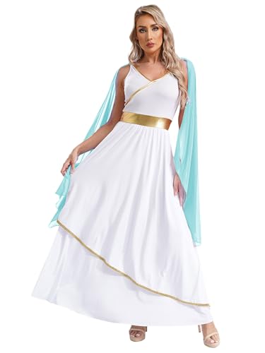 Kaerm Griechische Göttin Aphrodite Kostüm Damen Historisches Römisches Kleid Lang Edles Kleid Kaiserliche Kaiserin Kostüm Für Fasching Karneval Hellblau 3XL von Kaerm