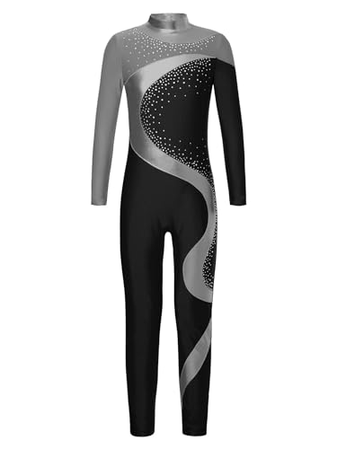 Kaerm Gymnastikanzug Mädchen Langarm Ganzkörper Voltigieranzug Kinder Strass Glitzer Body Metallic Patchwork Tanztrikot Stehkragen Trikotanzug Dancewear Grauschwarz 158-164 von Kaerm