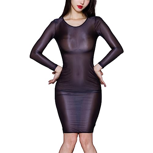 Kaerm Halb Transparent Kleid Damen Langarm Glossy Partykleid Öl Glänzend Abendkleid Figurbetonte Unterkleid Erotisch Nachtwäsche Schwarz M von Kaerm