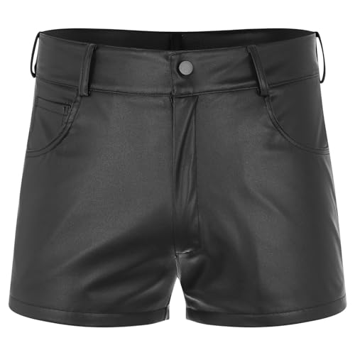 Kaerm Herren Boxershorts Leder Shorts Schwarz Wetlook sexy Unterwäsche Hot Pants mit Latex Lack Leder Optik Ouvert Dessous Erotik Reizwäsche B Schwarz 5XL von Kaerm