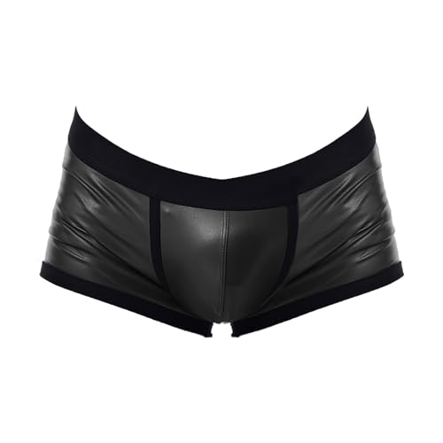 Kaerm Herren Boxershorts Leder Shorts Schwarz Wetlook sexy Unterwäsche Hot Pants mit Latex Lack Leder Optik Ouvert Dessous Erotik Reizwäsche Schwarz K L von Kaerm