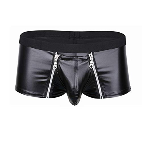 Kaerm Herren Boxershorts Leder Shorts Schwarz Wetlook sexy Unterwäsche Hot Pants mit Latex Lack Leder Optik Ouvert Dessous Erotik Reizwäsche Schwarz Reißverschluss 3XL von Kaerm