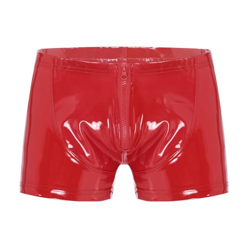 Kaerm Lack Leder Boxershorts Herren Sexy Glanz Kurze Hose Bulge Pouch Unterhose Dessous Mit Reißverschluss Erotisch Nachtwäsche Reizwäsche Rot XL von Kaerm