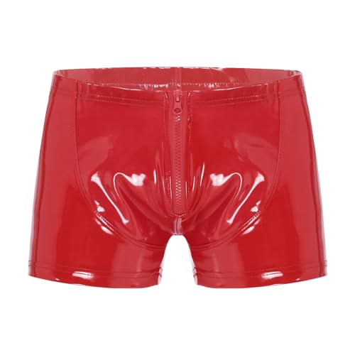 Kaerm Herren Boxershorts Leder Shorts Schwarz Wetlook sexy Unterwäsche Hot Pants mit Latex Lack Leder Optik Ouvert Dessous Erotik Reizwäsche Z Rot B XL von Kaerm