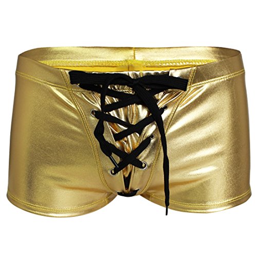 Kaerm Herren Boxershorts Metallic Glitzer Unterhose Slip Pants Erotisch Nachtwäsche Hipster Mit Schnürung Wetlook Glänzend Männer Unterwäsche Gold S von Kaerm