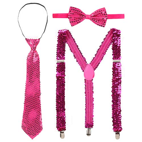 Kaerm Herren Damen Pailletten Hosenträger Set Glitzer Krawatte Fliege mit 3-Clips Y-Form Zubehör ideal für Fasching Karneval Halloween Party Rose One Size von Kaerm