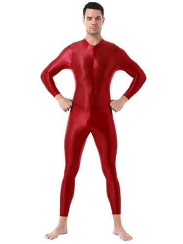 Kaerm Herren Ganzkörperanzug Öl Glänzend Unterwäsche Langarm Overall Jumpsuit Schlafanzug Thermounterwäsche Set Zentai Kostüm Mit Reißverschluss Rot One Size von Kaerm