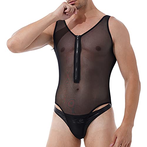 Kaerm Herren Transparent Mesh Body Sexy Offen Einteiler Unterwäsche Dessous Ärmellos Overall Jumpsuit Kurz Eng Reißverschluss Vorne Schwarz XL von Kaerm