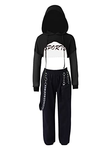 Kaerm Hip Hop Kleidung Mädchen Street Dance Outfit Kinder 3tlg Sportanzug Set Kapuzenpullover Kurz Langarmshirt + Sport BH + Cargohose Dancewear Schwarz 140 von Kaerm