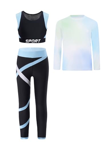 Kaerm Hip Hop Sport Tanz Outfit Mädchen Langarm Crop Top Mit Sport BH Lang Jogginghose 3tlg Sportanzug Farbblock Patchwork Jogginganzug Hellblau 158-164 von Kaerm