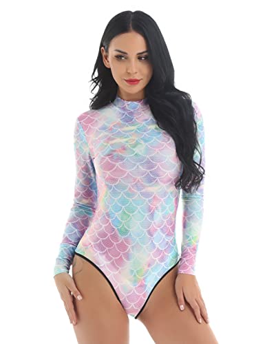 Kaerm Hydrasuit Badeanzug Damen Langarm Meerjungfrau Kostüm Fischschuppen Overall Jumpsuit Schwimmanzug Mit Reißverschluss Schwimmkleidung Colorful B L-XL von Kaerm