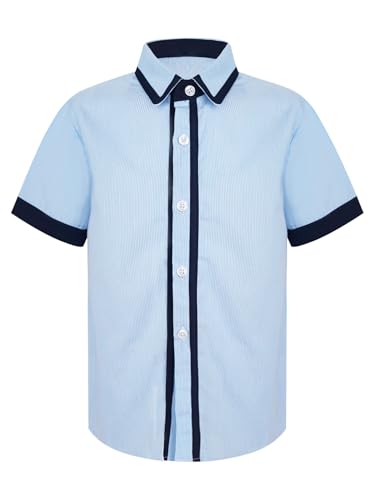 Kaerm Kariertes Hemd Kinder Jungen Sommer Kurzarm Oberteil Button Down Shirt Slim Fit Reverskragen Freizeithemd Taschen Vorne Gr. 98-164 Blau Streifen 158-164 von Kaerm