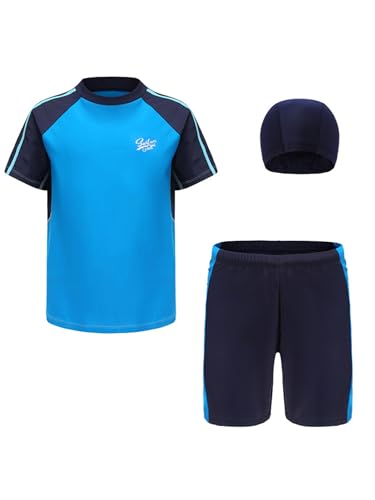 Kaerm Kinder Junge Badeanzug Bademode Dreiteiler Kurzarm Uv-Schutz Bade Set Motiv Rash Guard Shirt Stretch Badeshorts Mit Badekappe Beachwear Blau 128-134 von Kaerm
