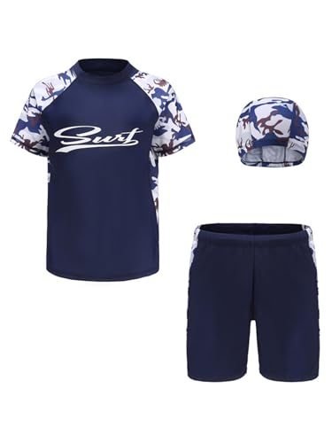 Kaerm Kinder Junge Badeanzug Bademode Dreiteiler Kurzarm Uv-Schutz Bade Set Motiv Rash Guard Shirt Stretch Badeshorts Mit Badekappe Beachwear Camouflage Blau 152-158 von Kaerm