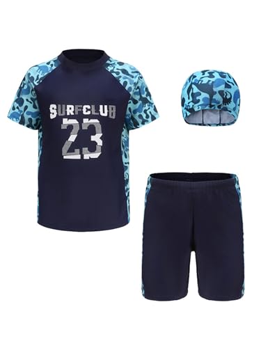 Kaerm Kinder Junge Badeanzug Bademode Dreiteiler Kurzarm Uv-Schutz Bade Set Motiv Rash Guard Shirt Stretch Badeshorts Mit Badekappe Beachwear Camouflage Grün 140-146 von Kaerm