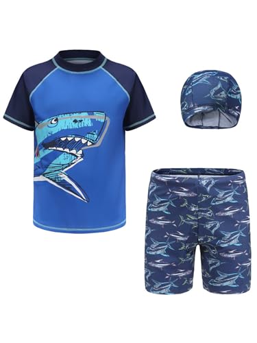 Kaerm Kinder Junge Badeanzug Bademode Dreiteiler Kurzarm Uv-Schutz Bade Set Motiv Rash Guard Shirt Stretch Badeshorts Mit Badekappe Beachwear Shark Print 128-134 von Kaerm