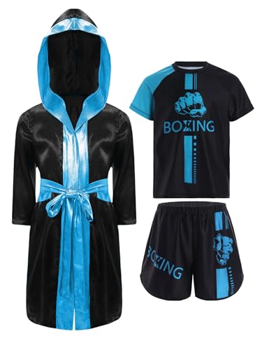Kaerm Kinder Junge Kampfsport Kleidung Muay Thai Anzug Langarm Boxer Mantel Boxen Kapuzenuamhang Mit Sportshirt Shorts Boxer Kostüm Himmelblau 122-128 von Kaerm