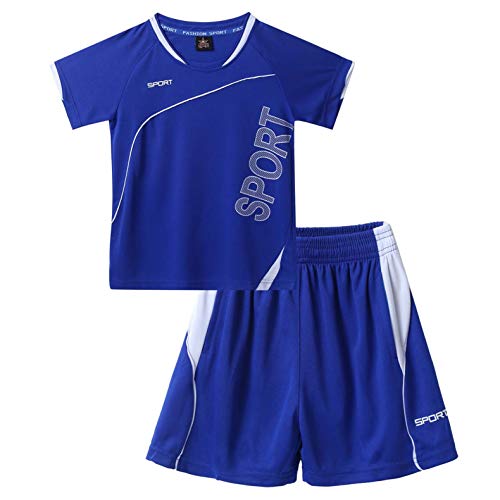 Kaerm Kinder Jungen Fussball Basketball Trainingsanzug Kurzarm Crop Top Rundhals Sportshirt Mit Trainingsshorts Kurze Hose Sportbekleidung Sportswear Blau 134-140 von Kaerm