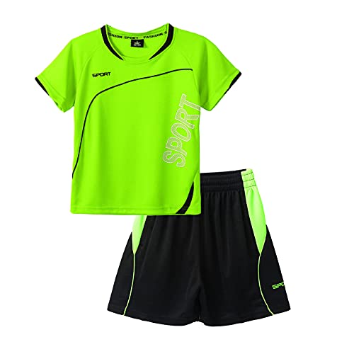 Kaerm Kinder Jungen Fussball Basketball Trainingsanzug Kurzarm Crop Top Rundhals Sportshirt Mit Trainingsshorts Kurze Hose Sportbekleidung Sportswear Leuchtendes Grün 122-128 von Kaerm