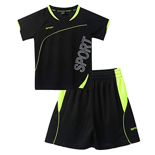 Kaerm Kinder Jungen Fussball Basketball Trainingsanzug Kurzarm Crop Top Rundhals Sportshirt Mit Trainingsshorts Kurze Hose Sportbekleidung Sportswear Schwarz 146-152 von Kaerm