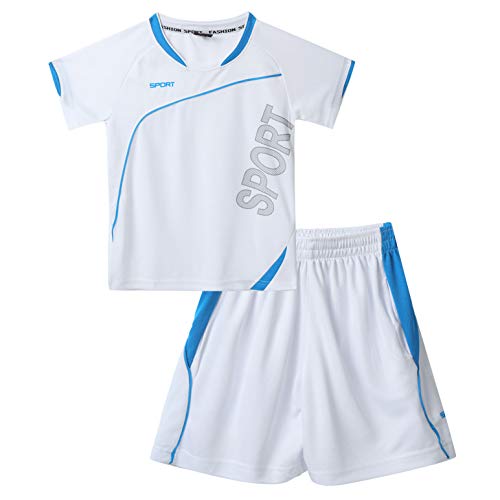 Kaerm Kinder Jungen Fussball Basketball Trainingsanzug Kurzarm Crop Top Rundhals Sportshirt Mit Trainingsshorts Kurze Hose Sportbekleidung Sportswear Weiß 158-164 von Kaerm