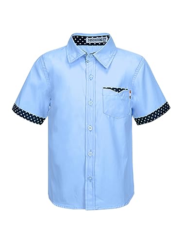 Kaerm Kinder Jungen Kariert Hemd Kentkragen Sommer Kurzarm Oberteil Slim Fit Button Down Freizeithemd Taschen Vorne Gr. 98-164 Blau A 146-152 von Kaerm