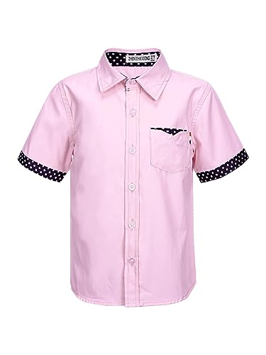 Kaerm Kinder Jungen Kariert Hemd Kentkragen Sommer Kurzarm Oberteil Slim Fit Button Down Freizeithemd Taschen Vorne Gr. 98-164 Rosa A 146-152 von Kaerm