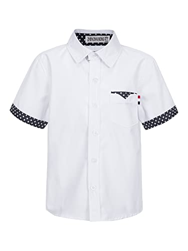 Kaerm Kinder Jungen Kariert Hemd Kentkragen Sommer Kurzarm Oberteil Slim Fit Button Down Freizeithemd Taschen Vorne Gr. 98-164 Weiß A 122-128 von Kaerm