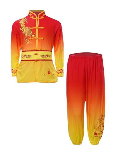 Kaerm Kinder Kung Fu Uniform Traditionelle Chinesische Tai Chi Anzug Für Jungen Mädchen Wushu Kostüm Set Tai Chi Folk Performance Outfit Rot Gelb 158-164 von Kaerm