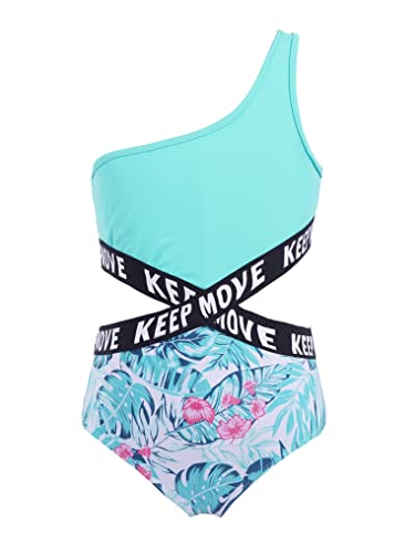 Kaerm Kinder Mädchen Badeanzug Mit Cut Out UV Schutz Schwimmanzug EIN Schulter Bademode Motiv Hawaii Schwimmbekleidung UPF 50 + Gr. 98-164 Tropical Leaves 122-128 von Kaerm