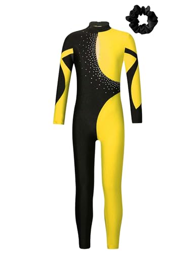 Kaerm Turnanzug Mädchen Langarm Ganzkörper Tanzanzug Strass Glitzer Ballettanzug Farbblock Patchwork Sportbody Mit Haarband Gymnastik Turn Outfit Gelb Schwarz 122-128 von Kaerm