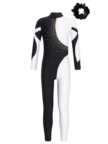 Kaerm Turnanzug Mädchen Langarm Ganzkörper Tanzanzug Strass Glitzer Ballettanzug Farbblock Patchwork Sportbody Mit Haarband Gymnastik Turn Outfit Weiß schwarz 146-152 von Kaerm